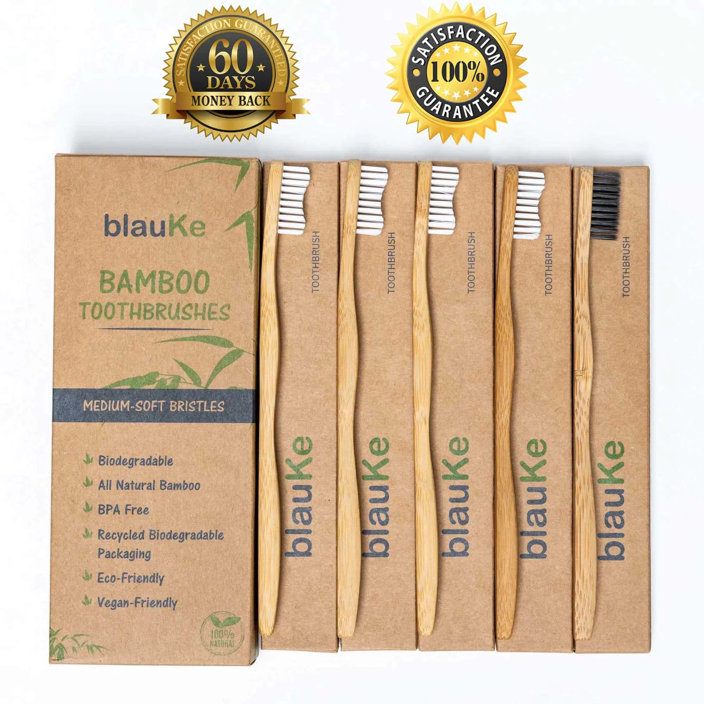 Bamboo Toothbrush Set 5-Pack - Eco-Friendly, Biodegradable.