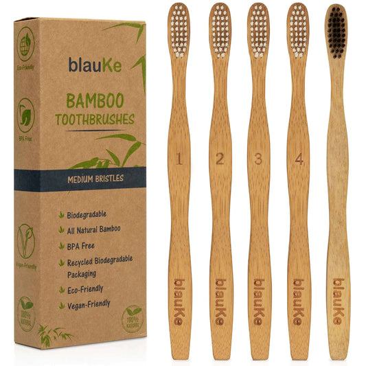 Bamboo Toothbrush Set 5-Pack - Eco-Friendly, Biodegradable.
